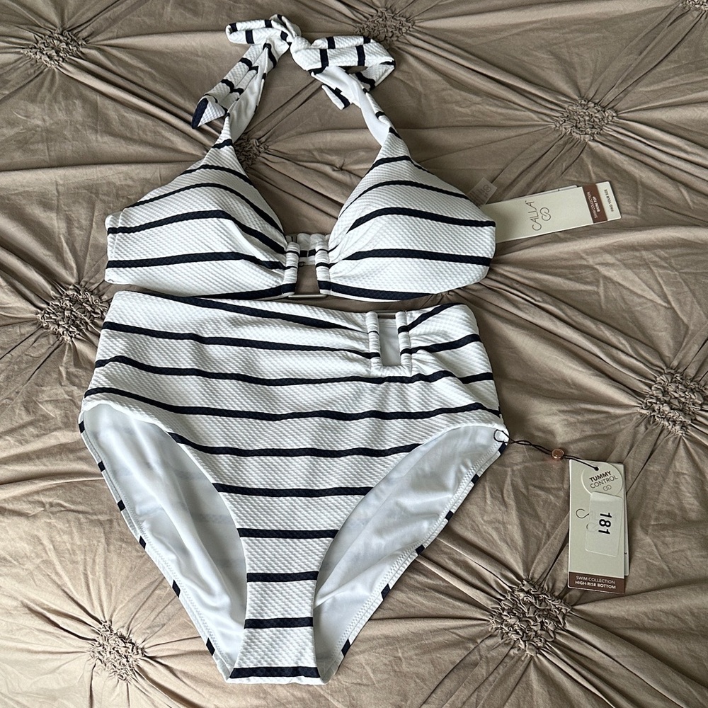 Calia Black and White Striped Bikini
